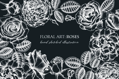 Hand-sketched rose frame on chalkboard. Wedding invitation or greeting card. Floral template. Vintage botanical design with rose flowers. Black and white floral illustration. Rosesin engraving style. 